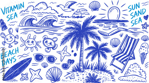 Vibrant blue doodle illustrations of a sunny beach scene with palm trees, ocean waves, and summer motifs