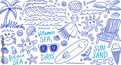 Playful blue sketch of summer beach essentials and ocean elements, perfect for vacation and seaside themes