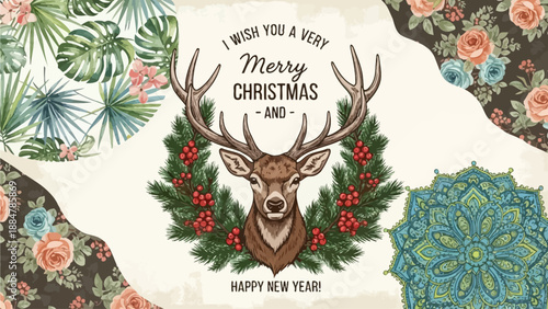 Festive Christmas and New Year greeting card with deer head surrounded by wreath and floral patterns