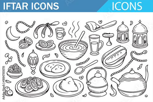 Hand drawn iftar food icons set in black and white line art style featuring Islamic Ramadan meal elements, traditional dishes, drinks and symbols isolated on white background