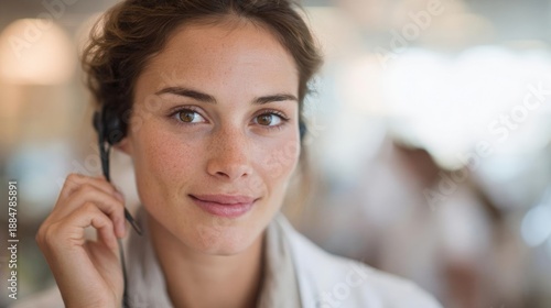 Close-up portrait of a young woman with freckles on her face. she is wearing a headset and appears to be in a call center or a customer service representative's office.