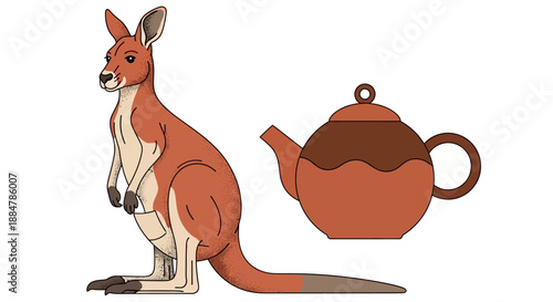 Kangaroo standing next to a teapot in a simple illustration style