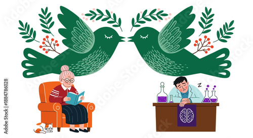 Elderly woman reading in armchair as birds converse near scientist working in laboratory with various equipment and bottles