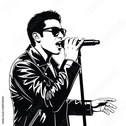 Dynamic Vector Illustration of Male Singer Performing Live with Sunglasses and Leather Jacket