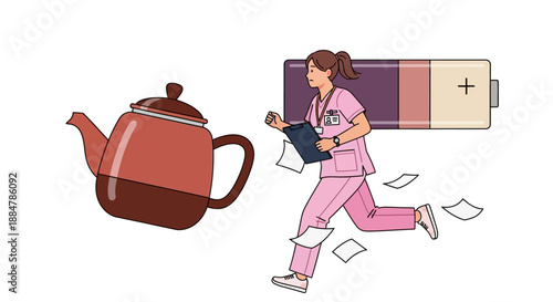 A medical professional hurrying with a tablet amidst scattered papers and a kettle beside a large battery