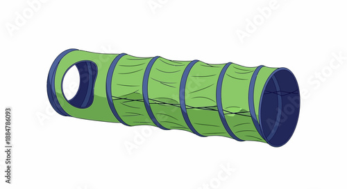 A 3D illustration of a green collapsible tunnel with blue trim and mesh panels, viewed from the side.