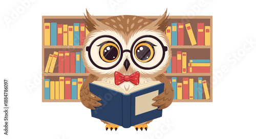 A wise cartoon owl wearing eyeglasses and a bow tie, deeply engrossed in reading a book in front of a colorful bookshelf, symbolizing education and knowledge.