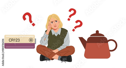 A puzzled woman sitting on the floor surrounded by mysterious objects and question marks
