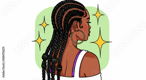 Illustration of a woman with braided hair, facing right, against a simple background with decorative elements