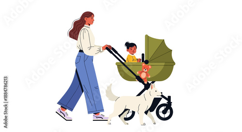 A woman walks a dog while pushing a child on a scooter under a large umbrella on a sunny day