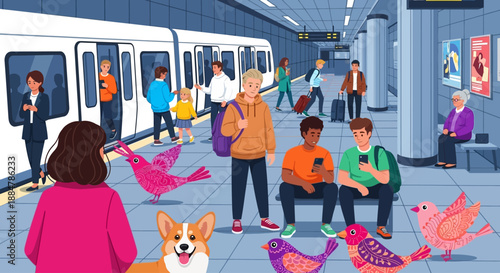 Vibrant illustration of people and dog surrounded by colorful birds at a bustling train station platform with a train