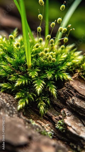 Macro Photography of Green Moss and Plants Growing on a Tree Bark With Natural Lighting