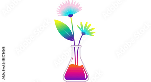 Vibrant rainbow flowers in a colorful laboratory flask illustration
