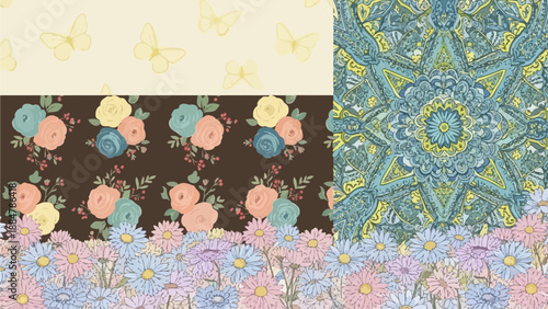 A vibrant digital illustration featuring flowers, butterflies, and intricate patterns in a layered composition viewed from directly above.