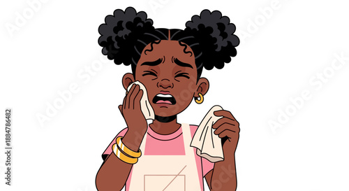 Young girl crying with tears, wiping face with cloth, emotional distress, cartoon illustration, close-up view