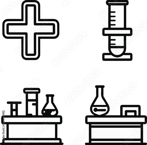  emergency cross, pharmacy sign, laboratory flask, reception desk, clean black and white line art, vector style, consistent stroke width, minimal design 1
