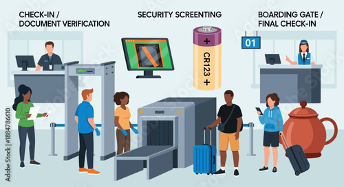 Travelers proceeding through airport security and boarding procedures illustrated in a detailed scene