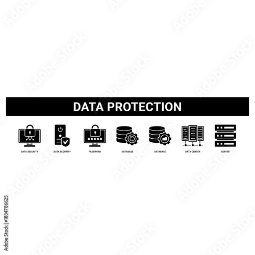 Data Protection web banner icon set collection solid style.