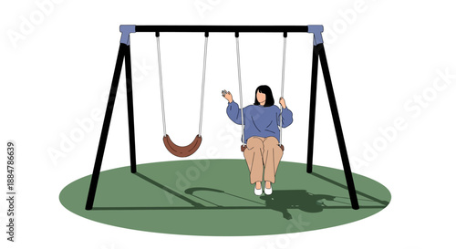 Woman swinging on a swing set in a serene outdoor environment from a front viewpoint