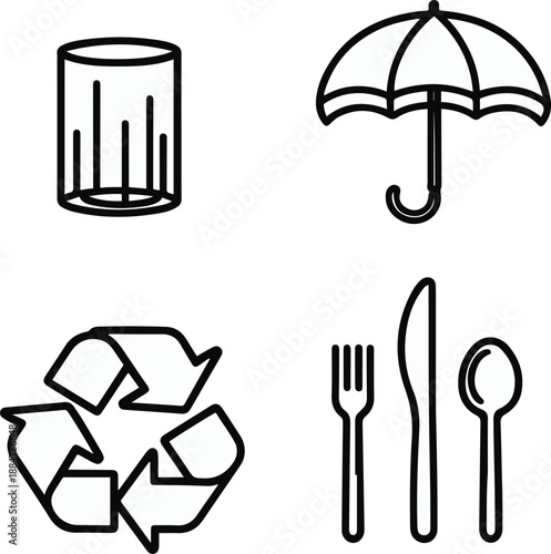 fragile glass, keep dry umbrella, recyclable symbol, food safe fork and glass, clean black and white line art, vector style, consistent stroke width, minimal design