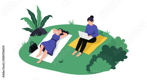 Two women relaxing in a serene outdoor setting with one working on a laptop while the other lies down on a blanket, surrounded by lush greenery and plants