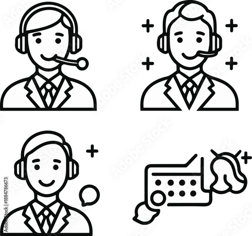 headset agent, help center, live chat, feedback rating, clean black and white line art, vector style, consistent stroke width, minimal design 1.