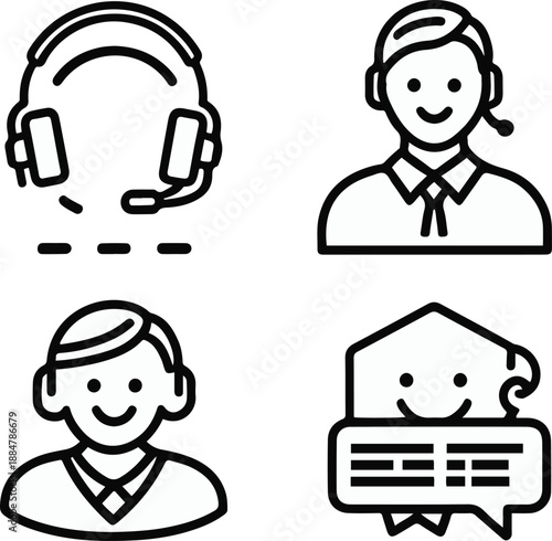 headset agent, help center, live chat, feedback rating, clean black and white line art, vector style, consistent stroke width, minimal design 2