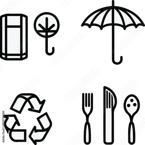 fragile glass, keep dry umbrella, recyclable symbol, food safe fork and glass, clean black and white line art, vector style, consistent stroke width, minimal design 3