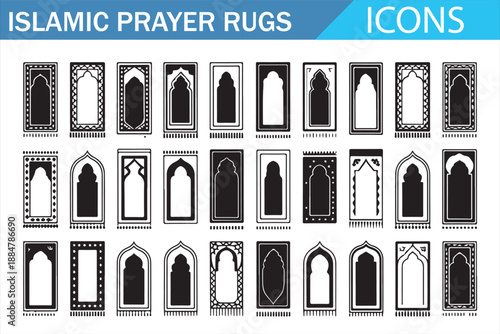 Clean black and white Islamic prayer rug icons set for spiritual design