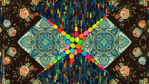 Vibrant symmetrical design with floral patterns and colorful geometric shapes on a dark background from a direct viewpoint