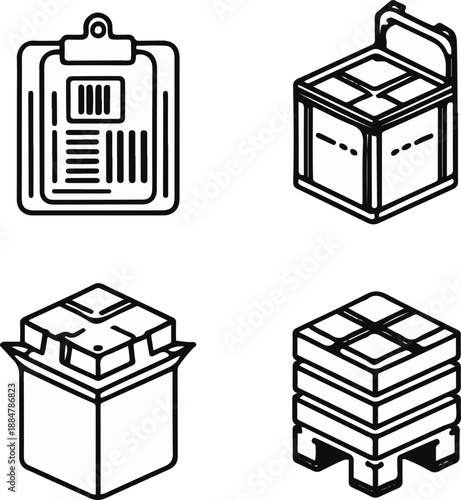  inventory clipboard, barcode scan, storage box, pallet stack, clean black and white line art, vector style, consistent stroke width, minimal design