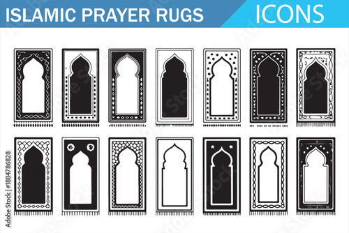 Black and white Islamic prayer rug mihrab icons set for Muslim worship and Ramadan design