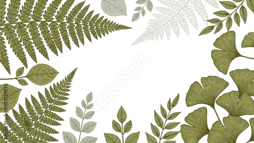 Ferns and leaves arranged in an elegant border on a blank background from an overhead viewpoint