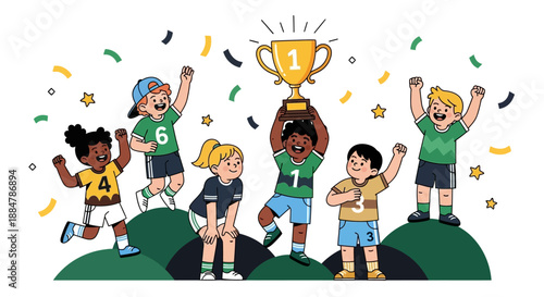 Children celebrating victory with trophy on green hills amidst confetti