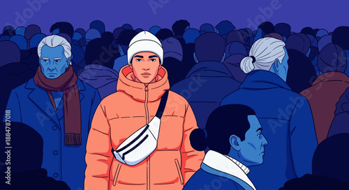 Woman in orange coat standing out in a crowded illustration of people in winter clothing