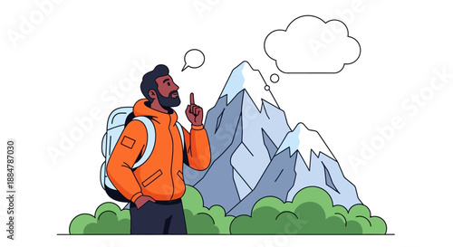 Man with backpack contemplating in front of a majestic mountain landscape