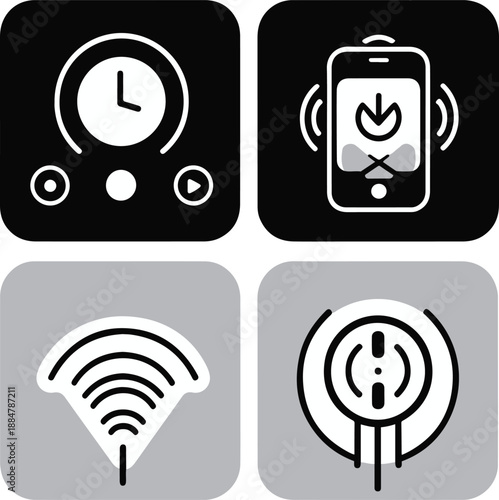 power button, wifi connection, mobile sync, system update arrows, clean black and white line art, vector style, consistent stroke width, minimal design