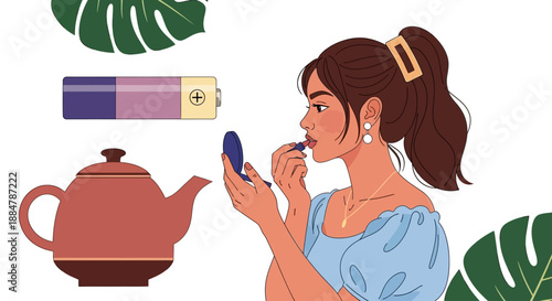 Woman applying lip balm while holding a smartphone near a tea kettle in a serene environment