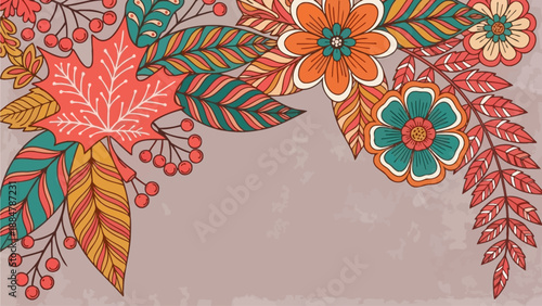Vibrant floral arrangement with leaves and flowers in a decorative pattern from a top-down viewpoint