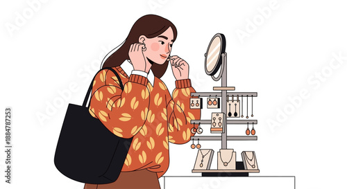 A young woman with a tote bag examines her jewelry collection on a decorative stand and mirror in a minimalist setting