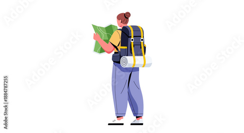 Person with backpack holding foliage, standing alone, illustrated figure in casual attire