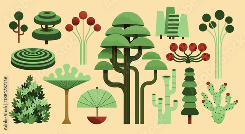Collection of various green trees and plants in different shapes and sizes