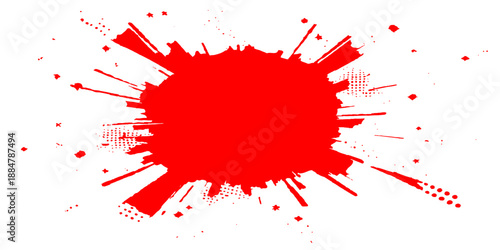 Red ink blot and paint splat vector illustration featuring grunge splatters and blood color drops on a decorative art banner with heart shapes and texture pattern