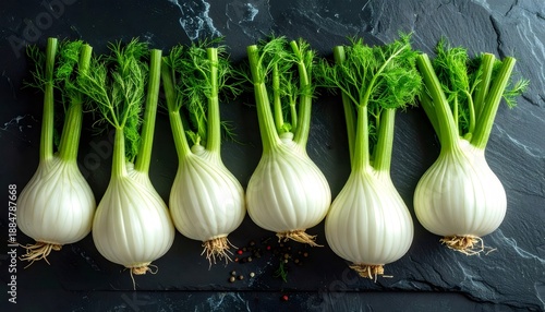 Fresh fennel bulbs with green fronds on black slate
