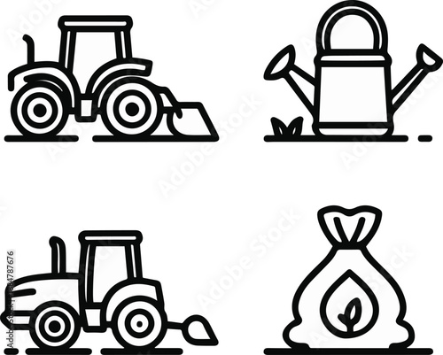  tractor, shovel, watering can, seed bag, clean black and white line art, vector style, consistent stroke width, minimal design 2