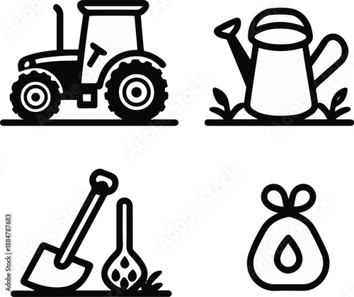  tractor, shovel, watering can, seed bag, clean black and white line art, vector style, consistent stroke width, minimal design 1