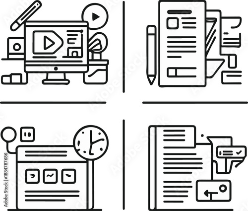  video editing, graphic design, copywriting, publish content, clean black and white line art, vector style, consistent stroke width, minimal design 1