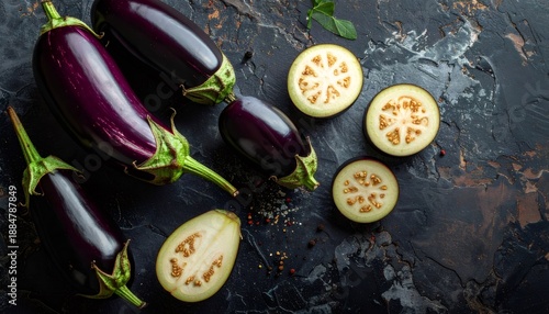 Whole and sliced eggplants on dark background