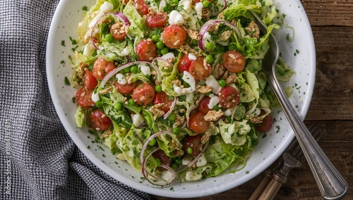 Fresh Salad Served on a White Plate in a Modern Dining Area During Daylight H...