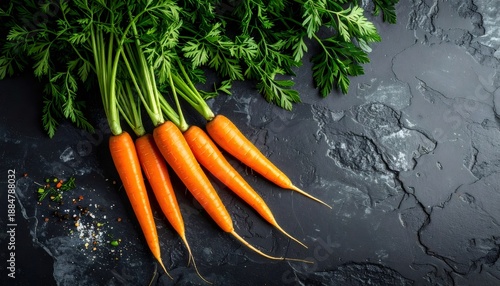 Fresh organic carrots with green tops on stone background
